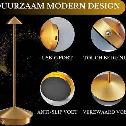 Oplaadbare Tafellamp Goud Dimbaar 29CM Aluminium Bureaulamp Tafellamp Slaapkamer