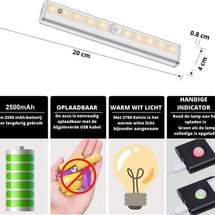 Druklamp met Afstandsbediening Oplaadbaar 20CM Kastverlichting Trapverlichting Keukenverlichting Zilver 2 Stuks