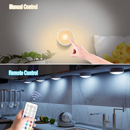 Push button lamp with remote control on batteries, cabinet lighting, stair lighting, night light RGB white, 6 pieces