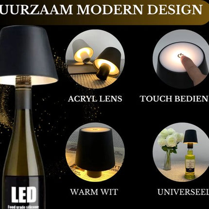 Oplaadbare Flessenlamp Tafellamp Dimbaar Aluminium Waterdicht Zwart