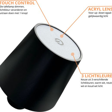 Oplaadbare Flessenlamp Tafellamp Dimbaar Aluminium Waterdicht Zwart