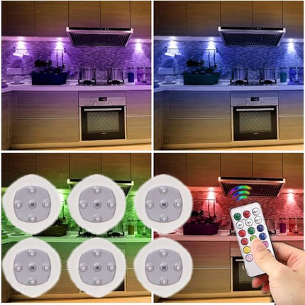 Push button lamp with remote control on batteries, cabinet lighting, stair lighting, night light RGB white, 6 pieces