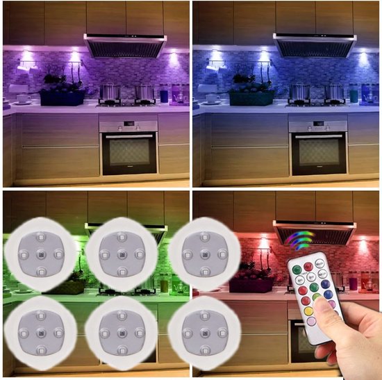 Druklamp met Afstandsbediening Op Batterijen Kastverlichting Trapverlichting Nachtlampje  RGB Wit 6 Stuks