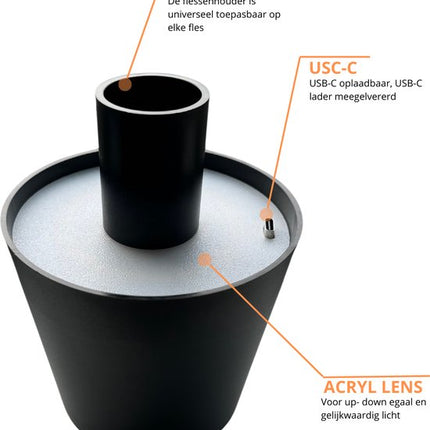 Oplaadbare Flessenlamp Tafellamp Dimbaar Aluminium Waterdicht Zwart
